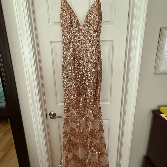 rose gold plunge dress MACloth Women Long Sleeves V Neck Sequin Evening Gown Rose Gold Mother of the Brides Dress Custom Color / Above Knee / US0 main image 0